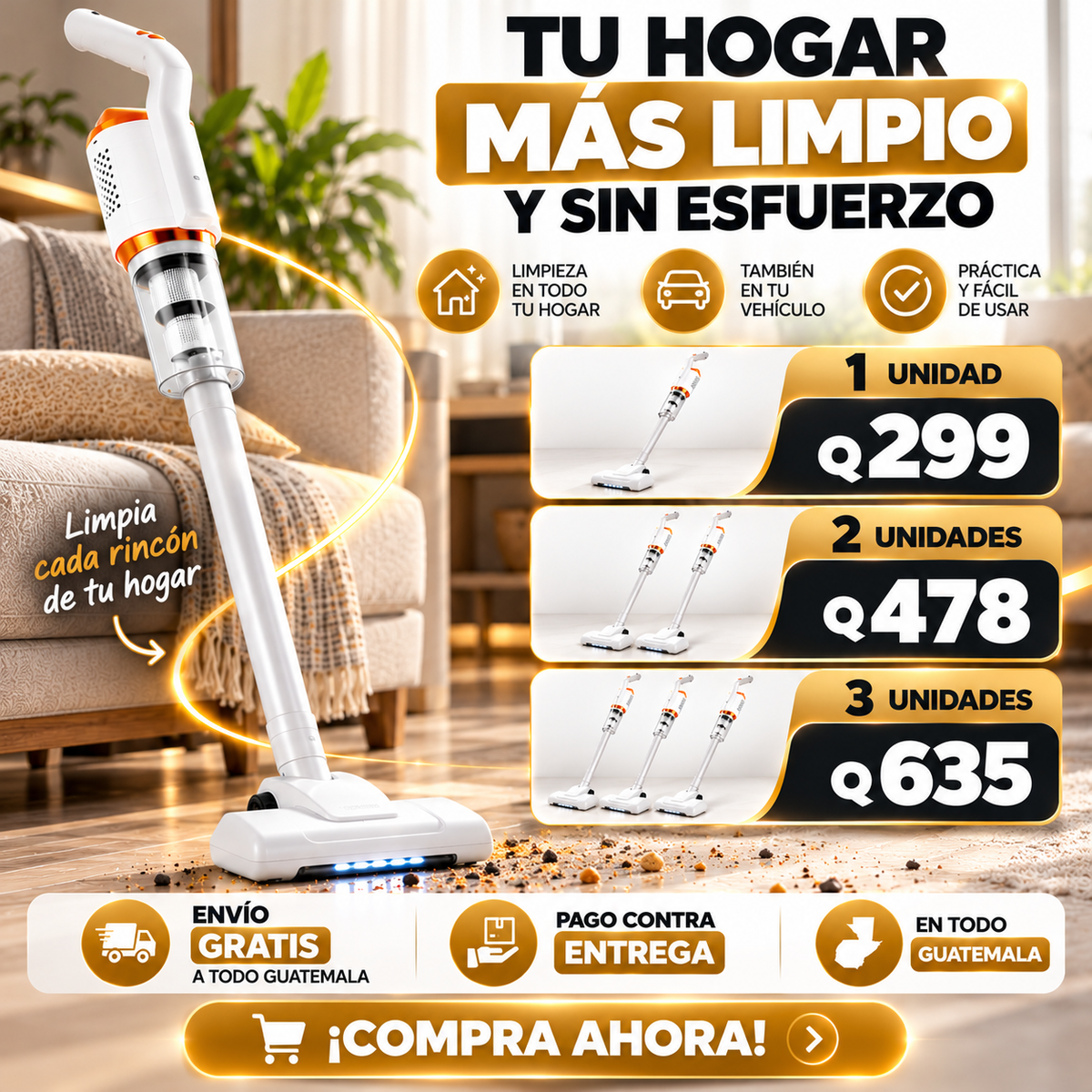 Aspiradora 3 en 1 Inalámbrica — Limpieza práctica para tu hogar