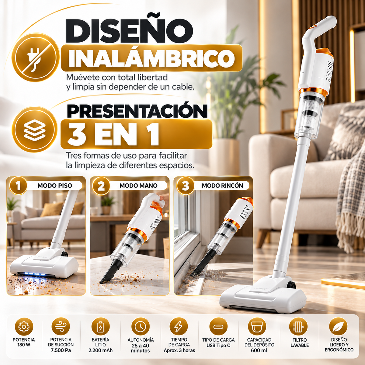 Aspiradora 3 en 1 Inalámbrica — Limpieza práctica para tu hogar